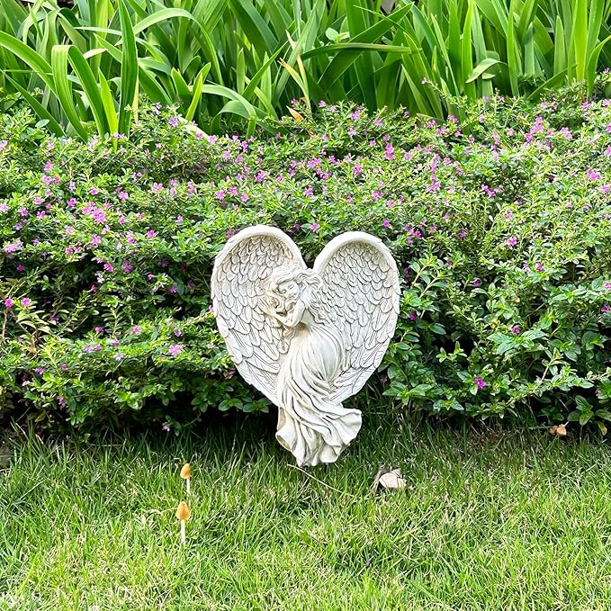 Angel Garden Statue for Outdoor Sleeping Angel with Wings Fairy Memorial Guardian Love Angels with Stake for Outside Yard Art Grave Cemetery Patio Balcony Lawn, White