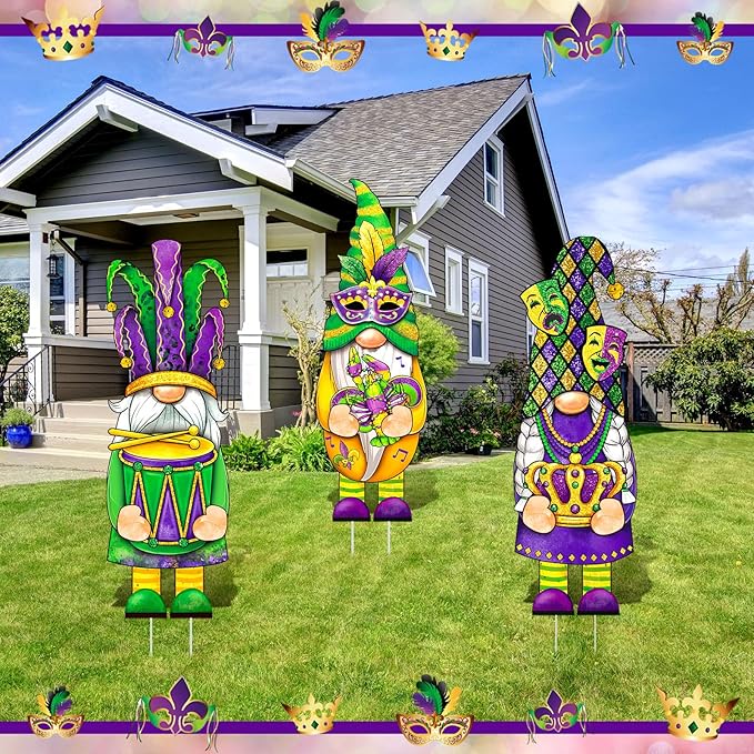 Umigy 3 Pcs Mardi Gras Yard Decor Carnival Day Gnome Outdoor Sign with Stakes Gold Green Purple Gnome Lawn Sign Sweet Yard Decor for Home Pathway Walkway