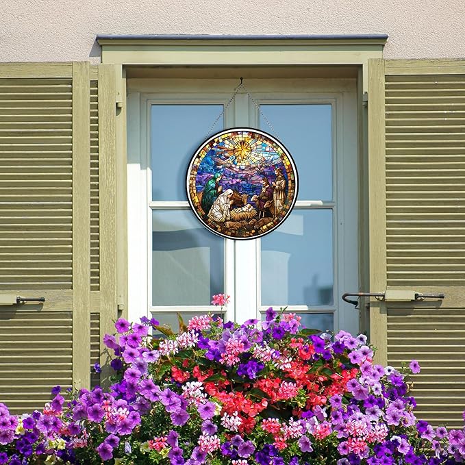 Stained Glass Window Hanging - Jesus and Lamp Nativity Suncatcher Ready to Hang Window Doors Home Decoration and Christmas, Mother's Day Birthday Gifts for Women, Men, and Mom 7.8x7.8 in