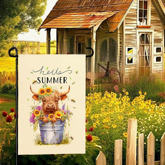 Hello Summer Garden Flag Highland Cow Yard Flag Summer Sunflower Honey Bee Floral Garden Flags Farmhouse Rustic Green Leaf House Banner for Seasonal Double Sided 12x18 Inch Outdoor Decoration