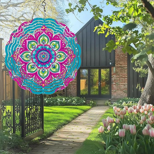 Wind Spinners Outdoor, Hanging Wind Spinner for Garden Decoration, 8 inch 3D Stainless Steel Metal Wind Sculpture for Indoor/Outdoor Decor, Mandala B