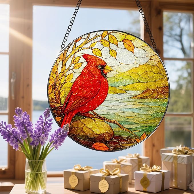 Stained Glass Window Hanging, 8 Inch Cardinal Stained Glass Suncatcher, Memorial Sun Catchers Indoor Window, Memorial Gifts, Sympathy Gift for Loss, Red Bird Decor, Cardinal Gift