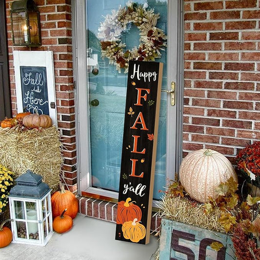 Happy Fall Y'all Welcome Porch Sign Decor Autumn Pumpkin Wooden Hanging Sign Door Porch Standing Decorative Signs Plaques for Front Door Farmhouse Outdoor Indoor Welcome Sign Wall Craft Decor 47.2"H