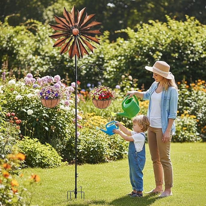 Yard Garden Wind Spinners - Large Outdoor Metal Wind Spinners with Stake, Yard Art Lawn Garden Decor Bronze-Colored Blade Rotator (25.5" W x 95" H)