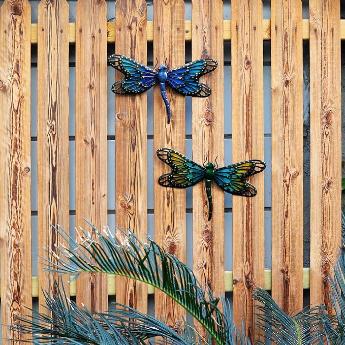 HONGLAND 2Pcs Metal Dragonfly Wall Decor Outdoor Dragonfly Wall Art Glass Sculpture for Home Garden Fence-Blue&Green