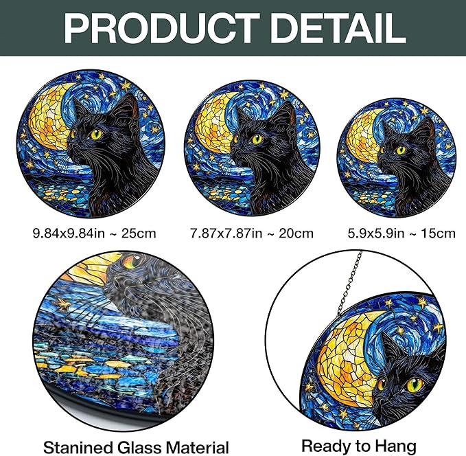 Black Cat Stained Glass Suncatcher Window Hanging Decor for Garden, Starry Night Cat Suncatcher Window Panel Gifts for Cats Lovers, Memorial Gifts for Pet Loss Sympathy Gift for Outdoor Decorations