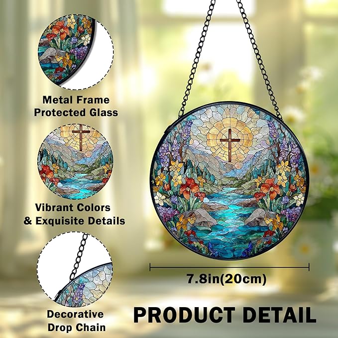 Christian Cross Flower Suncatcher Stained Glass Window Hanging, Cross Wildflower Sun Catchers Indoor Window Glass Wall Art Decor, Religious Wall Hanging Decor Decorations, 7.9x7.9 Inch