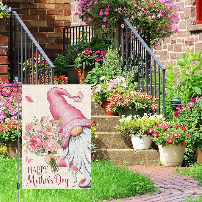 Heyfibro Happy Mother's Day Garden Flag 12x18 Double Sided Burlap, Gnome Garden Flag with Pink Floral Bouquet Yard Banner for Spring Outside Outdoor House Mothers Day Decoration (ONLY FLAG)