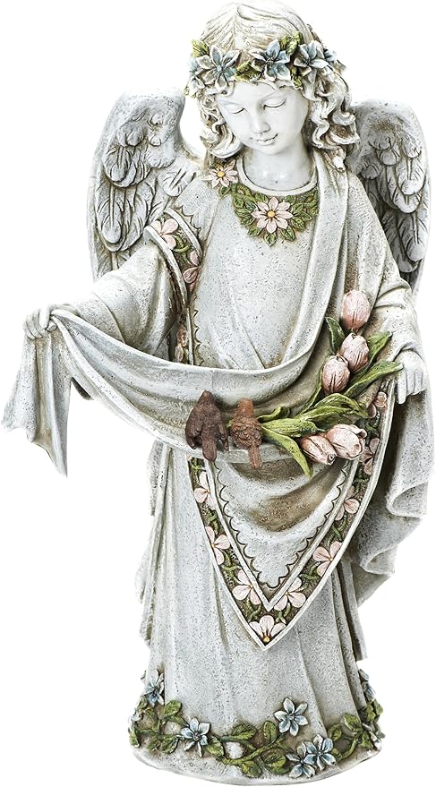 Roman Josephs Studio Inspirational Girl Angel Wearing Floral Trimmed Gown with Birds Garden Statue, 16.5-Inch