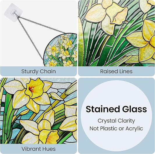 AELS Stained Glass 7.87" Round Suncatcher, Colorful Sun Catcher for Home Garden Window Decor, Window Hanging Ornament Gift for Friends and Family, Yellow Blossom