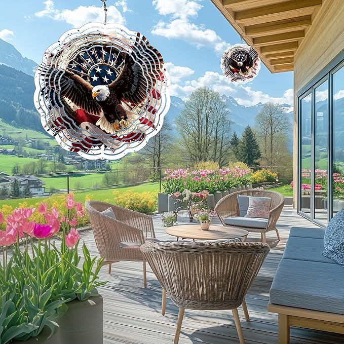 Eagle American Flag Wind Spinner Outdoor, USA 250th Anniversary Wind Chime, 8 Inch 3D Metal Garden Wind Spinner, Stainless Steel Patriotic Yard Hanging Decor Gift