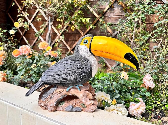 14.2" Real Toucan Statue,Colorful Outdoor Bird Decor Sculpture - Bird Outdoor Animal Ornament, Tropical Tiki Bar Decor, Waterproof & Weather-Resistant, Perfect for Garden, Patio, Yard (Red)