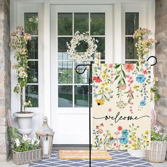 Baccessor Spring Welcome Floral Garden Flag 12.5x18 Inch Double Sided Summer Flower Yard Flag Outside Outdoor Seasonal Burlap Funny Flowers Flags Home Patio Decoration