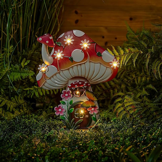 Evergreen Garden 16" LED Floral Mushroom House Garden Statue Outdoor, LED Light Mushroom House Garden Figurines for Lawn, Balcony, Yard, Outdoor Garden Decoration