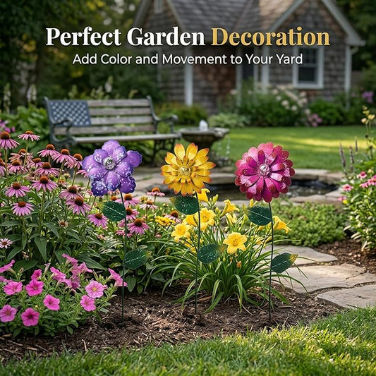 Topadorn 3 Pack Floral Garden Stake Outdoor Glow in Dark Plant Pick Waterproof Metal Flower Spring Decorations Lawn Yard Patio Art Stakes, Ornaments Gift for Garden Lovers