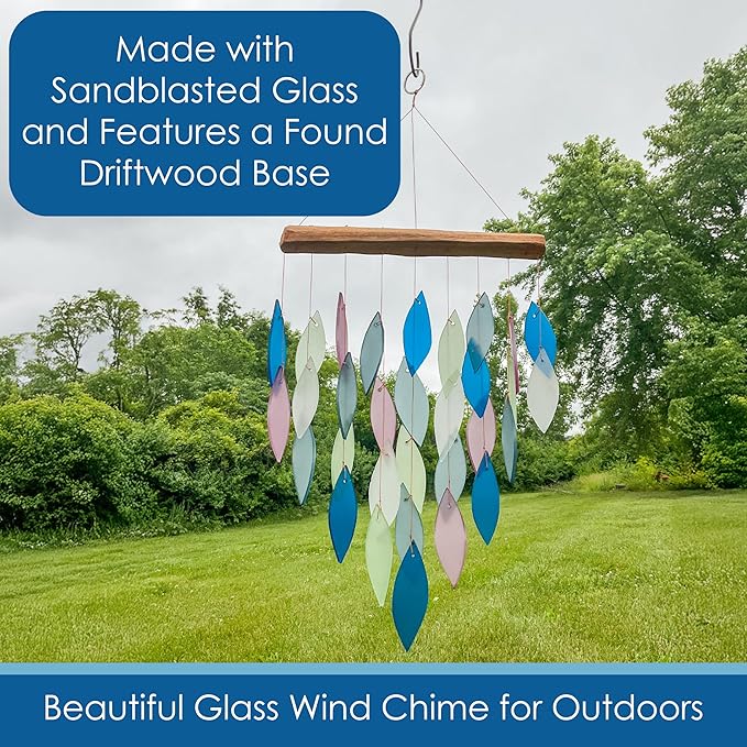 Blue Handworks Mountain Ridge Waterfall & Driftwood Chime, Sandblasted Glass and Found Wood Handcrafted Wind Chime