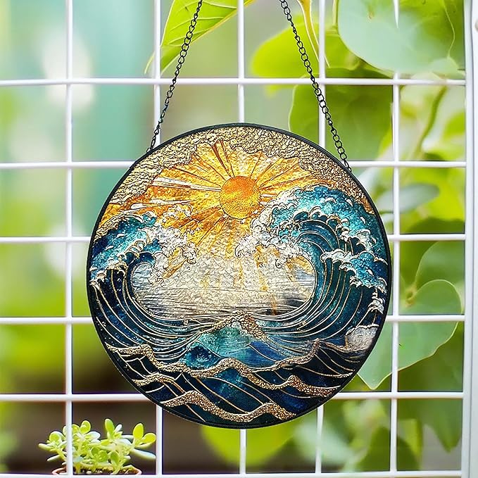 Ocean Wave Sunset Suncatcher Stained Glass Window Hanging - 10" Hand-Painted Sun Catcher Garden Hanging Decoration with Metal Chain Outdoor Garden Decor Christmas for Women