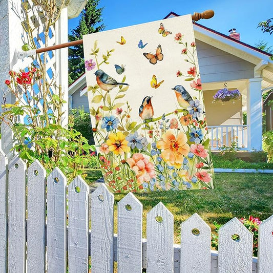 Baccessor Spring Floral Birds House Flag Double Sided 28x40 Inch Burlap,Flower Butterflies Large Garden Flag Porch Patio Front Entry Yard Seasonal Farmhouse Outside Outdoor Decor