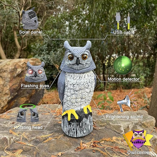 Owlsome Solar Owl with Colored Flashing Eyes, Rotating Head, Hoot Sound, Motion Detector and Silent Mode, Plastic Owl Garden Sculpture, Garden Decoration