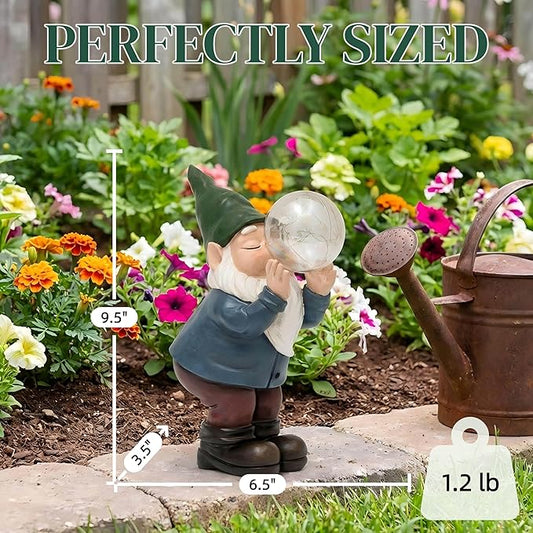 Solar Garden Gnome Statue with Light-Up Bubble, Whimsical Outdoor Decor Figurine with LED Fairy Lights for Patio, Lawn, Yard Art - Unique Waterproof Resin Gardening Gift