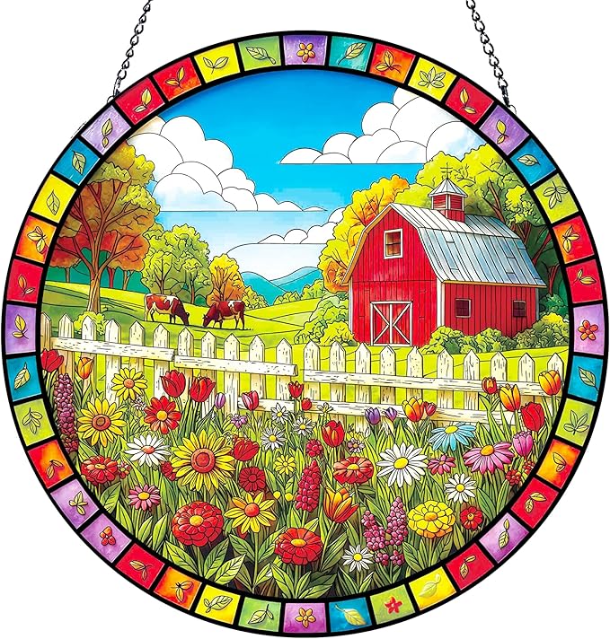 Stained Glass Window Hanging, Countryside Scenery Sun Catchers Stained Glass Panel for Indoor Windows Wall Art Decor, Birthday Gift for Mom Women Wife Men Lovers (7.87 Inch)