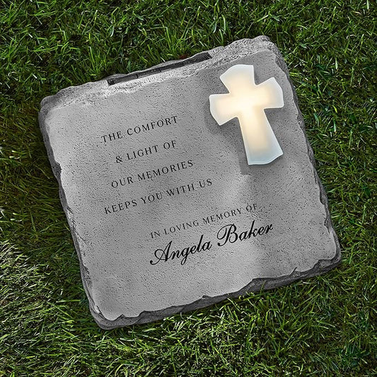 Let's Make Memories Personalized Memorial Garden Stone - Engraved Sympathy Garden Marker - Condolences - Solar Cross - Comfort and Light