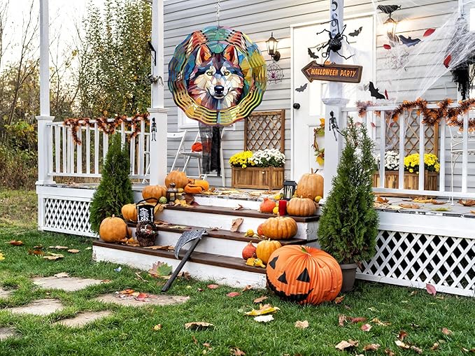 Wind Spinner Wolf 12 Inch Large Stainless Steel 3D Kinetic Wind Sculptures Hanging for Fall Halloween Outdoor Yard Patio Garden Decorations