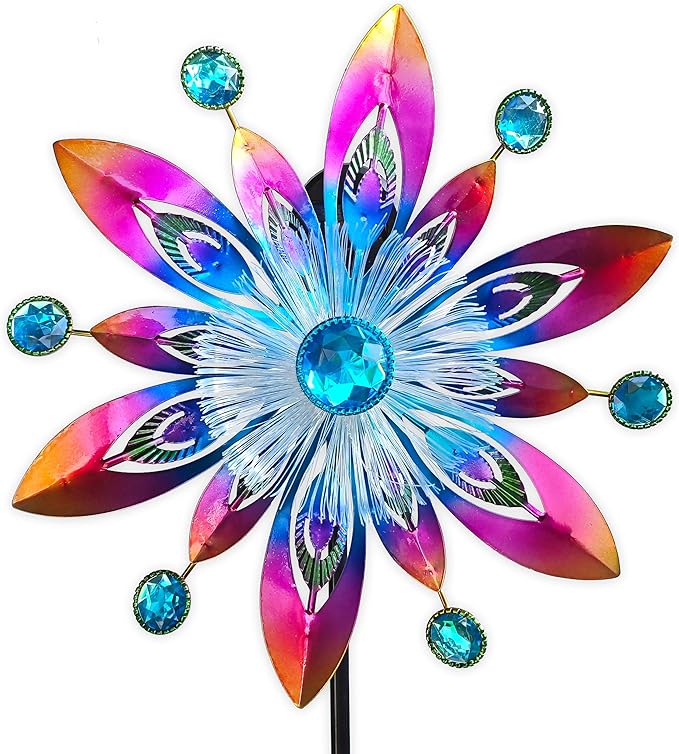 COOZZYHOR Soalr Wind Spinners Garden Stake,42 Inch Metal Peacock Feather Fiber Optic Windmills,Wind Sculpture Decor for Lawn, Patio&Yard Outdoor Decorations