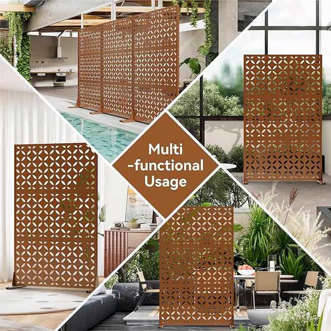 Metal Privacy Screen 72" H x 44" W, Outdoor Freestanding Privacy Screens, Patio Metal Fence Panels with Stand, Brown Screens for Outside Deck Balcony Garden and Indoor