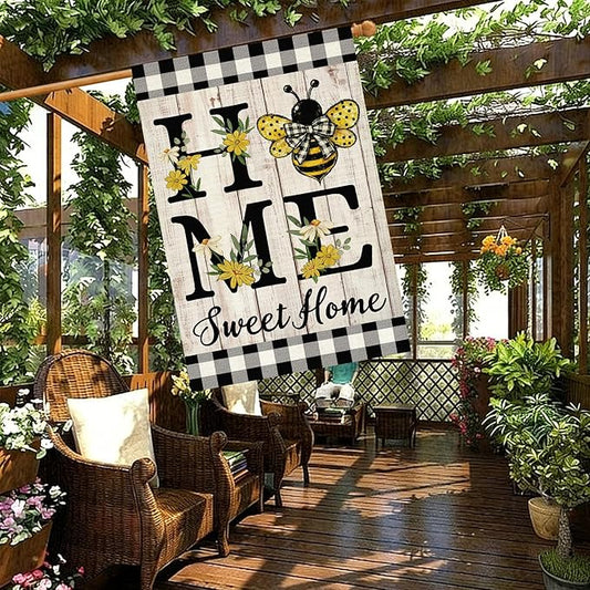 ORTIGIA Home Sweet Home Bee House Flag Double Sided 28x40 Inch, Spring Summer Yellow Flower Buffalo Plaid Check Large Yard Flag Burlap Farmhouse Rustic Outside Outdoor Lawn Patio Decor