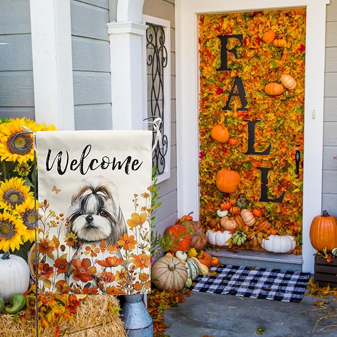 Shih Tzu Fall Garden Flag Autumn Dog Yard Sign Orange Floral Thanksgiving Outdoor Banners for Outside 12x18 Double Sided Small Wild Flower Lawn Decorations