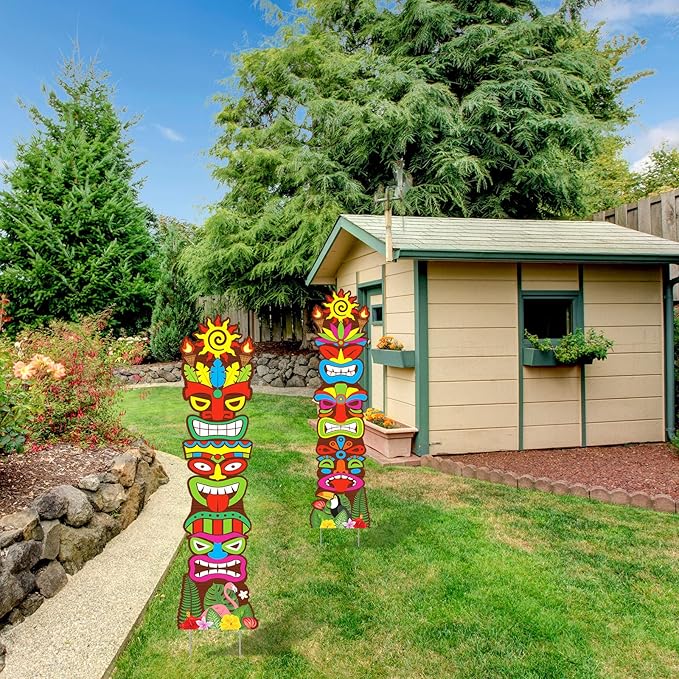 Queekay 2 Pcs Tiki Yard Sign Luau Hawaiian Tropical Party Decoration Outdoor Tiki Bar Sign with Stakes for Summer