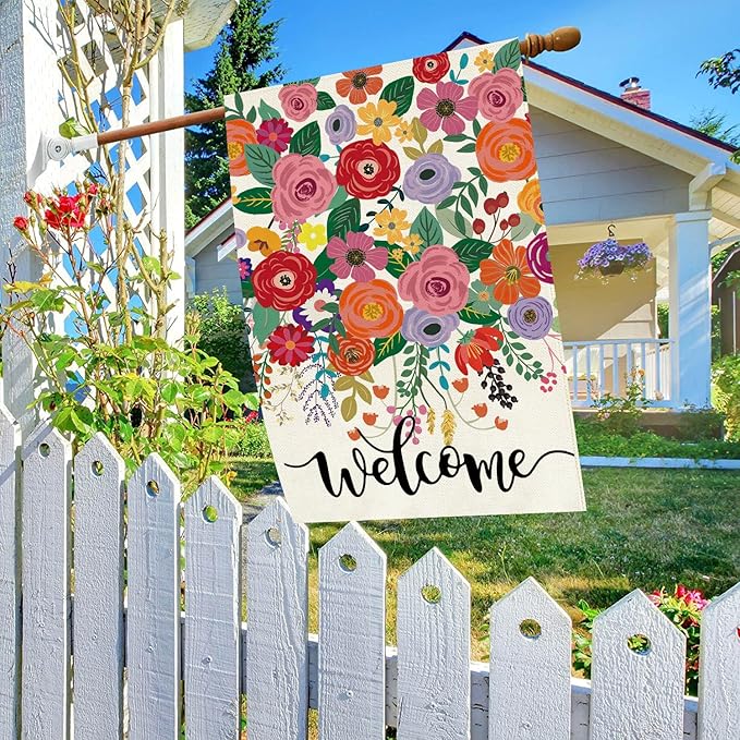Baccessor Spring Summer Welcome House Flag Double Sided 28x40 Inch Burlap,Floral Flowers Large Garden Flag Porch Patio Front Entry Yard Seasonal Farmhouse Outside Outdoor Decor