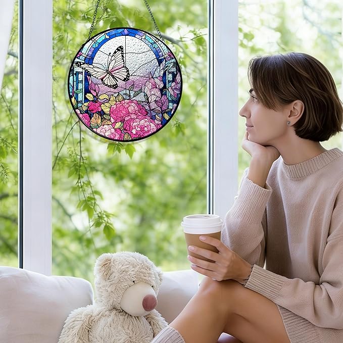 AELS Stained Glass 7.87" Round Suncatcher, Colorful Sun Catcher for Home Garden Window Decor, Window Hanging Ornament Gift for Friends and Family, Butterfly