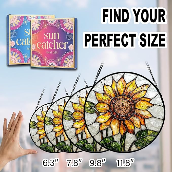 Sunflower Gifts for Women - Yellow Flower Faux Stained Glass Window Hanging Sun Catcher for Door Garden Acrylic Decor Mother's Day Christmas Birthday Gift for Mom Nana Grandma Sisters Colleague 9.8"