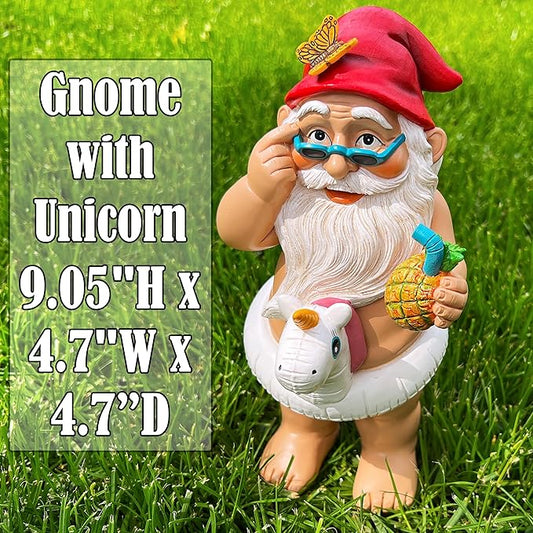 Mood Lab Garden Gnome with Unicorn - Funny Gnome Statue - 9 Inch Tall Lawn Figurine - for Outdoor or House Decor