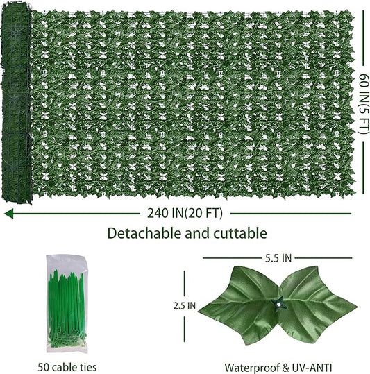 ODTORY Artificial Fence Privacy Screen: 5FT x 20FT UV-Anti Faux Greenery Backdrop Ivy Chain Link Shades Panels for Patio, Balcony, Garden,Deck,Backyard Indoor Outdoor Green Wall Decor