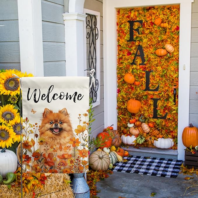 Pomeranian Fall Garden Flag Autumn Dog Yard Sign Orange Floral Thanksgiving Outdoor Banners for Outside 12x18 Double Sided Small Wild Flower Lawn Decorations
