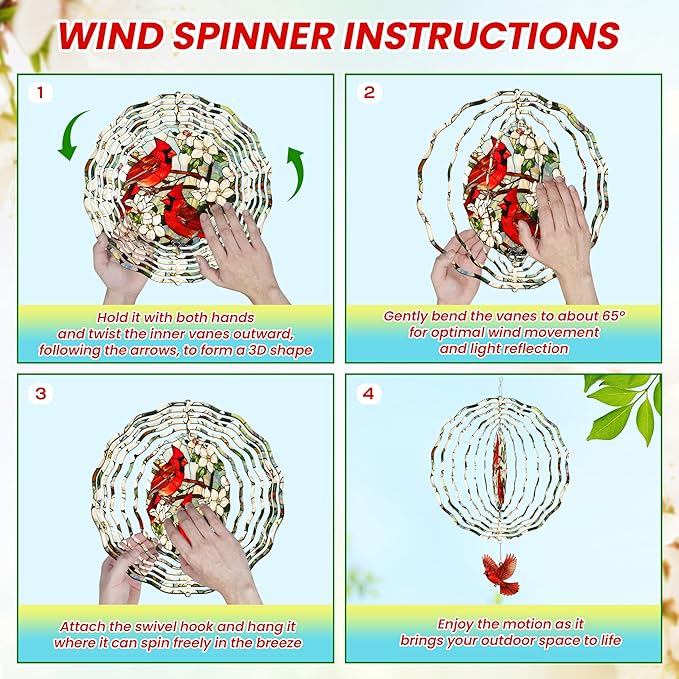 FLAGWIX Cardinal Gifts for Women Men - Cardinal Decor 3D Stainless Steel Wind Spinners Outdoor 12 in - Garden Spinners Outdoor, Cardinals Wind Spinner for Garden Decor, Gardening Gifts for Mom Grandma