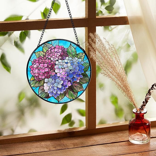 Hydrangea Flower Stained Glass Window Hanging, Cottagecore Hydrangea Floral Sun Catchers Indoor Window Round Glass Wall Art Decor, Flower Suncatcher Wall Hanging Gardening & Lawn Care