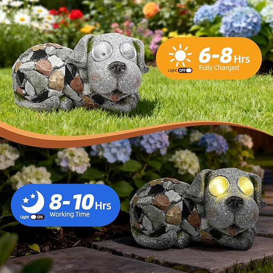 Outdoor Garden Decor Solar Dog Statue & Sculpture, Cute Dog Garden Statue, Solar Yard Decorations for Lawn Patio Front, Stone Resin Figurine ldeal Gift for Mom