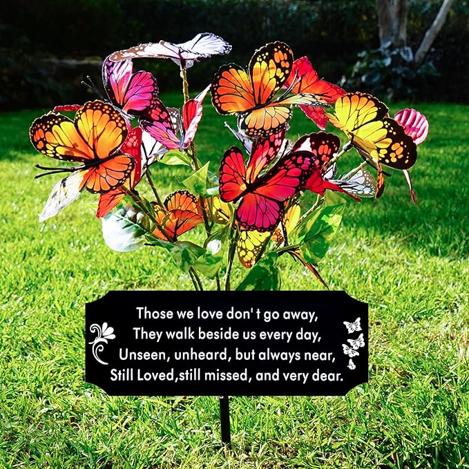 Solar Butterfly Memorial Stake for Graves - Metal Cemetery Garden Decor with LED Lights - Sympathy Remembrance Plaque to Honor Mother Father - Weatherproof Outdoor Bereavement Tribute(with Flowers)