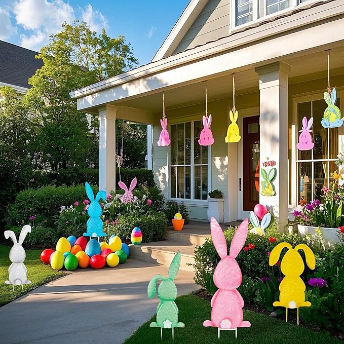 Treewoll5 Packs Easter Garden Stakes Decorations, Metal Bunny Yard Signs, Adorable Rabbit Stakes in Five Colors for Courtyard Patio Spring Lawn Holiday Outdoor Display Props