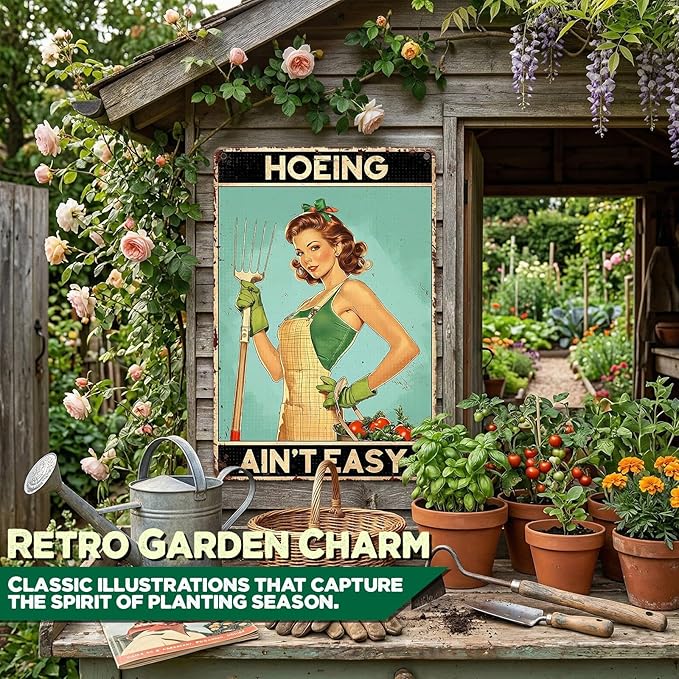Garden Signs Hoeing Ain't Easy Metal Signs for Outdoor Garden Decor Yard Wall Art for Yard Patio Greenhouse Plantroom 8x12Inch
