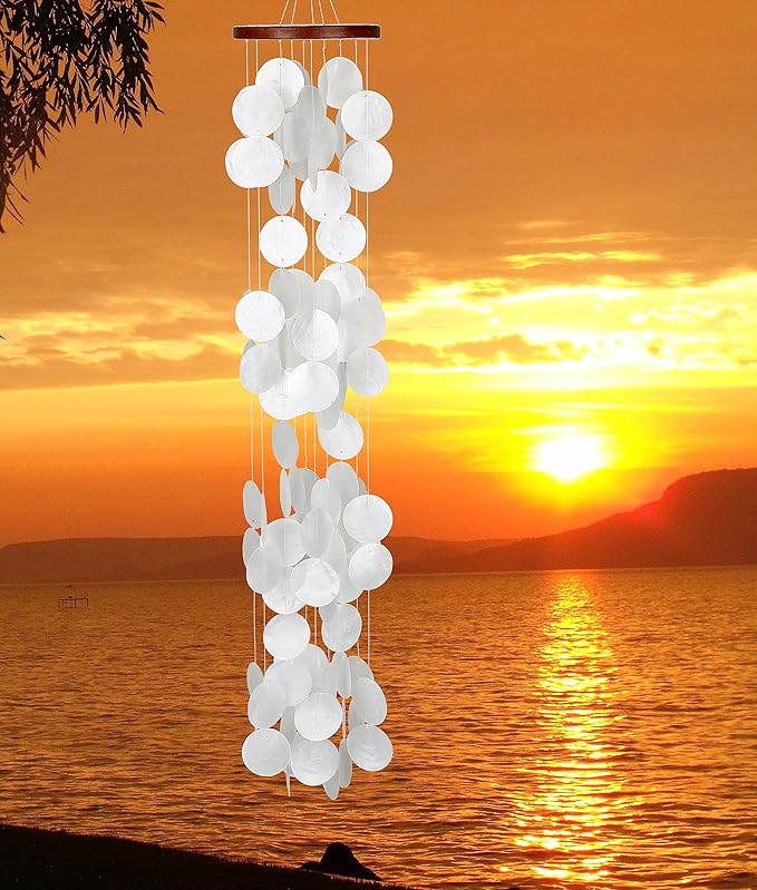 Woodstock Wind Chimes for Outside, Outdoor Decor, Garden, Porch, and Patio Decor, (40") Decorative Wind Chime, Dorm Room Decor, Teen Decor, Capiz Waterfall, White Blanca Capiz Wind Chime (CWRB)