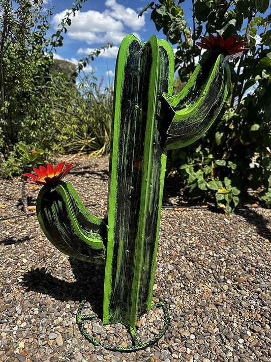 Colorful Metal Saguaro Cactus with Flowers - Handmade Garden Decor (Green)