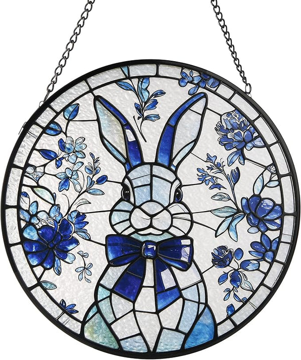 Stained Glass Window Hanging, Rabbit Circular Painted Glass Suncatcher with Chain & Suction Cup for Home Garden Door Decor, Birthday for Women Men Mom 7.8 in