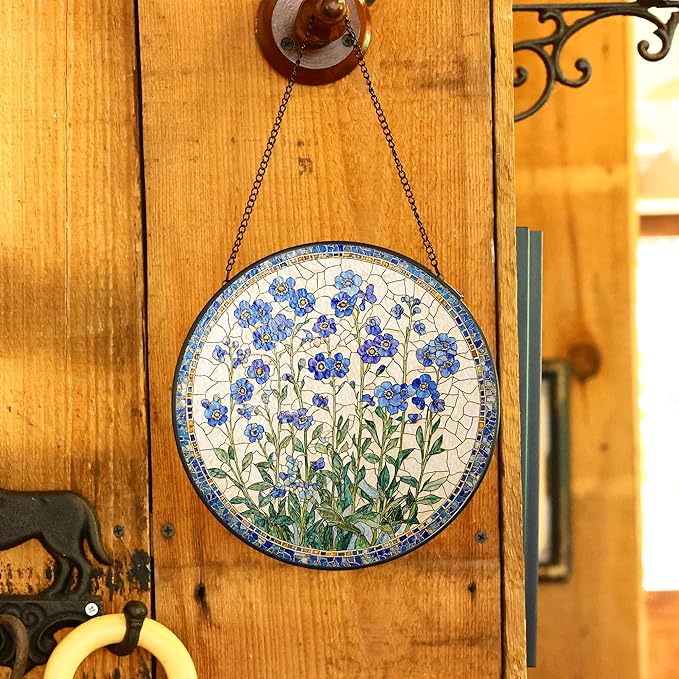 LITIVY Forget-Me-Not Flower Stained Glass Suncatcher, 6 Inch Handmade Blue Floral Window Hanging Decor for Garden, Sun Catcher Home Decor