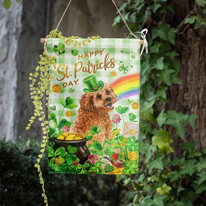 Golden Doodle St Patricks Day Garden Flag Dog St Patrick's Day Yard Flags for Outside 12x18 Double Sided Buffalo Plaid Shamrock Flag Small Outdoor Rainbow St Patrick's Decor