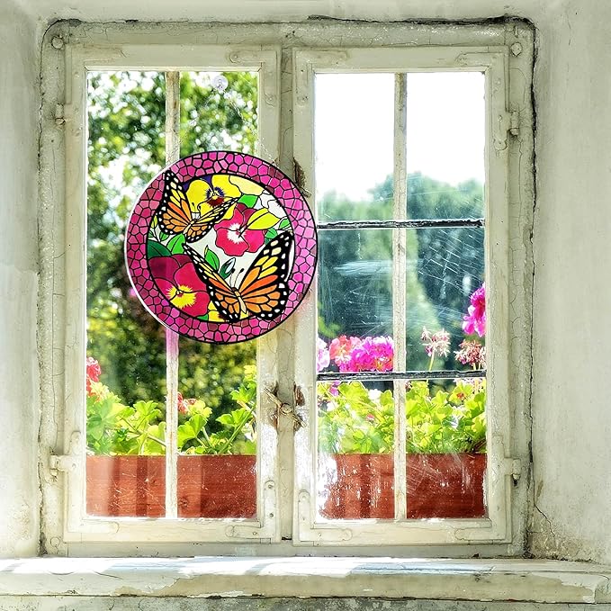 Hanway Suncatcher in Colorful Stained Glass 12" Dia - Genuine Brightly Colored Glass, Protective Metal Edge, Ready to Use Hanging Chain, for Window, Garden (Butterfly 2)
